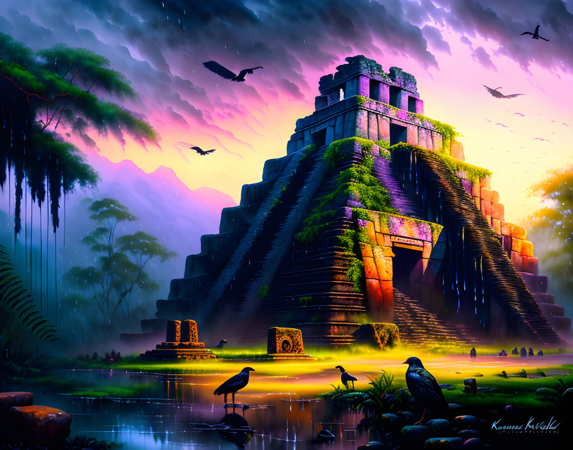 Overgrown Mesoamerican pyramid at twilight with flying birds