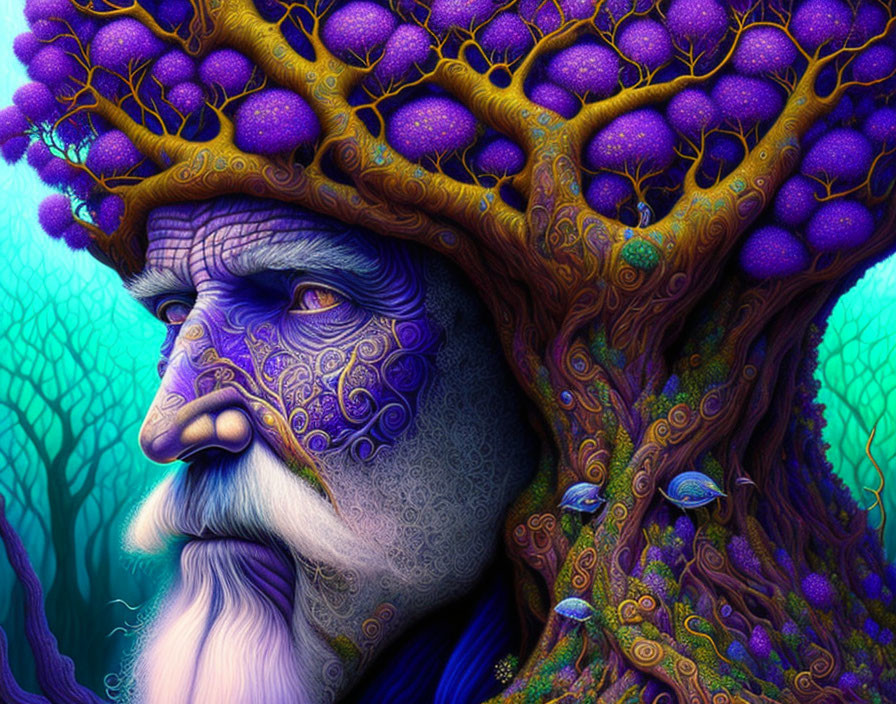 Man with tree-like features and vibrant purple-blue foliage in artistic depiction