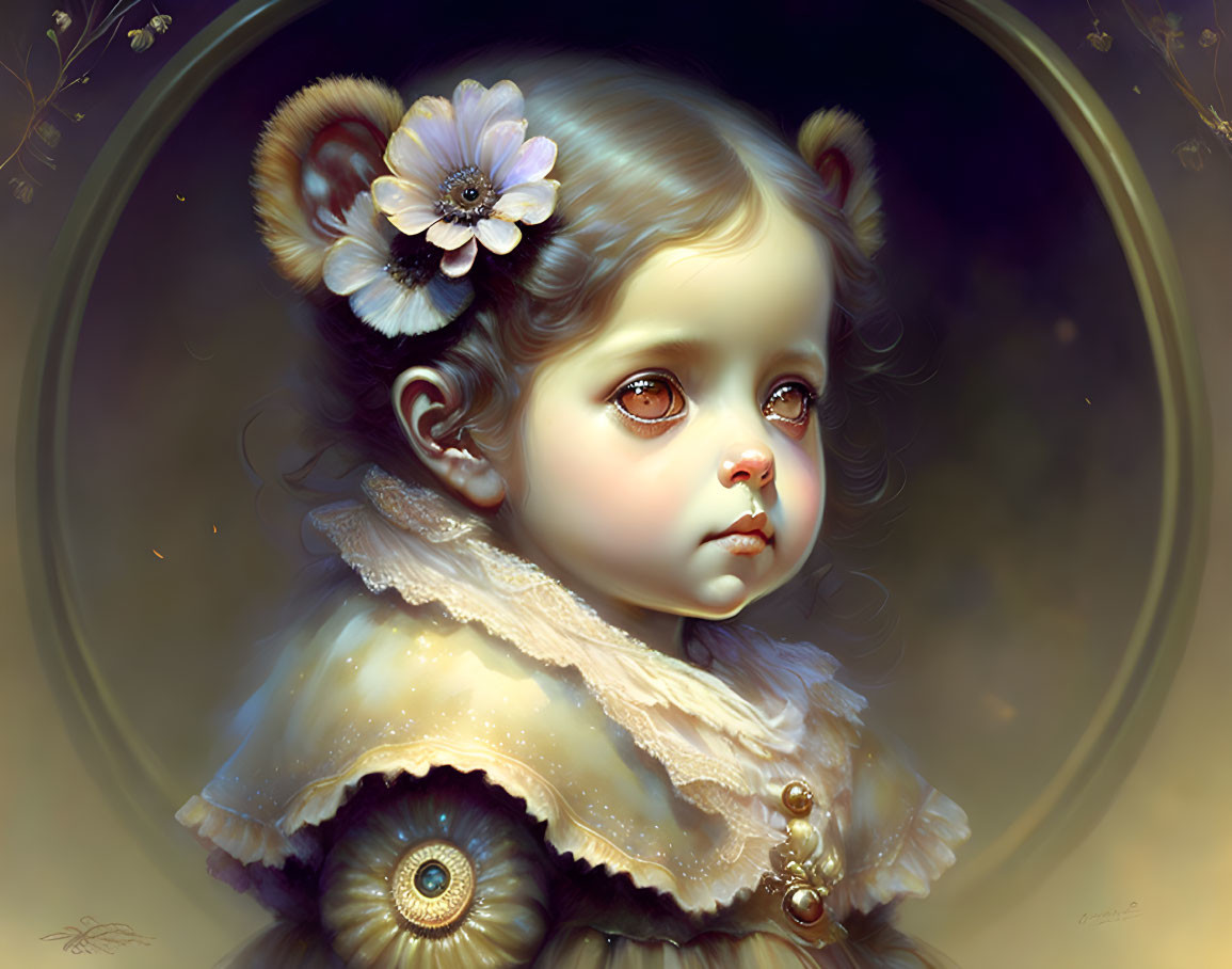 Digital illustration of young girl with large eyes, flowers in hair, vintage clothing, and ethereal halo