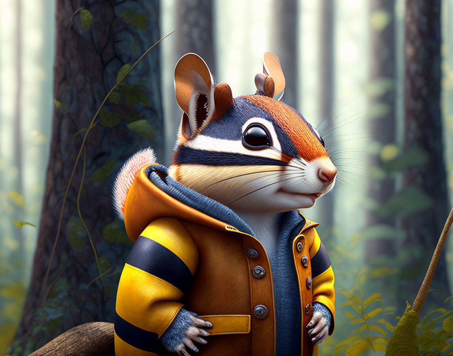 Yellow-jacketed animated chipmunk in misty forest