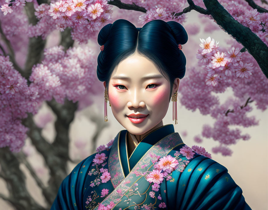 Woman in traditional attire with stylized hair amid blooming cherry blossoms