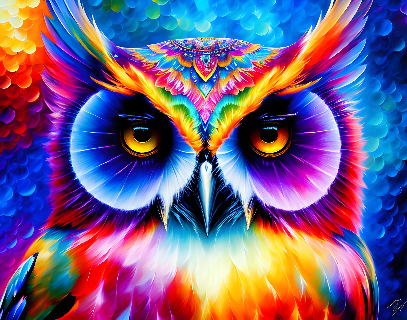 Colorful Owl Digital Painting with Intricate Forehead Pattern