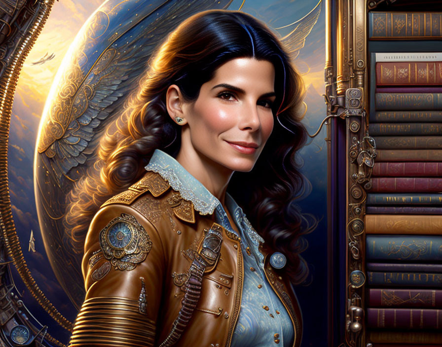 Digital artwork: Dark-haired woman in leather jacket with metallic accents, vintage books, and clockwork wings