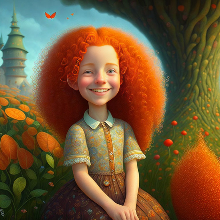 Smiling red-haired girl in patterned dress in whimsical garden with castle