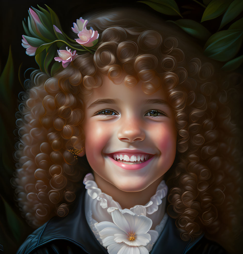 Child with curly hair and flowers, ruffled collar, earring, dark leafy background