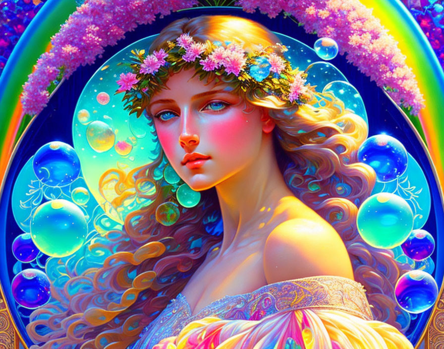 Fantasy illustration: Woman with floral crown, orbs, magical background