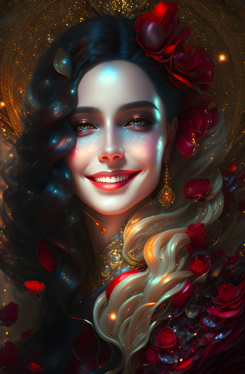 Digital artwork of woman with blue eyes, golden patterns, and red roses in hair