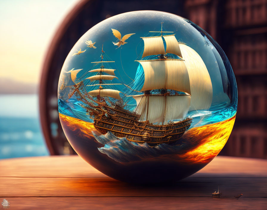 Surreal image of galleon in sphere with butterflies on stormy seas