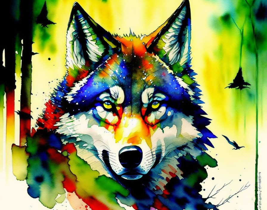 Colorful Watercolor Painting: Wolf with Multicolored Face in Abstract Forest