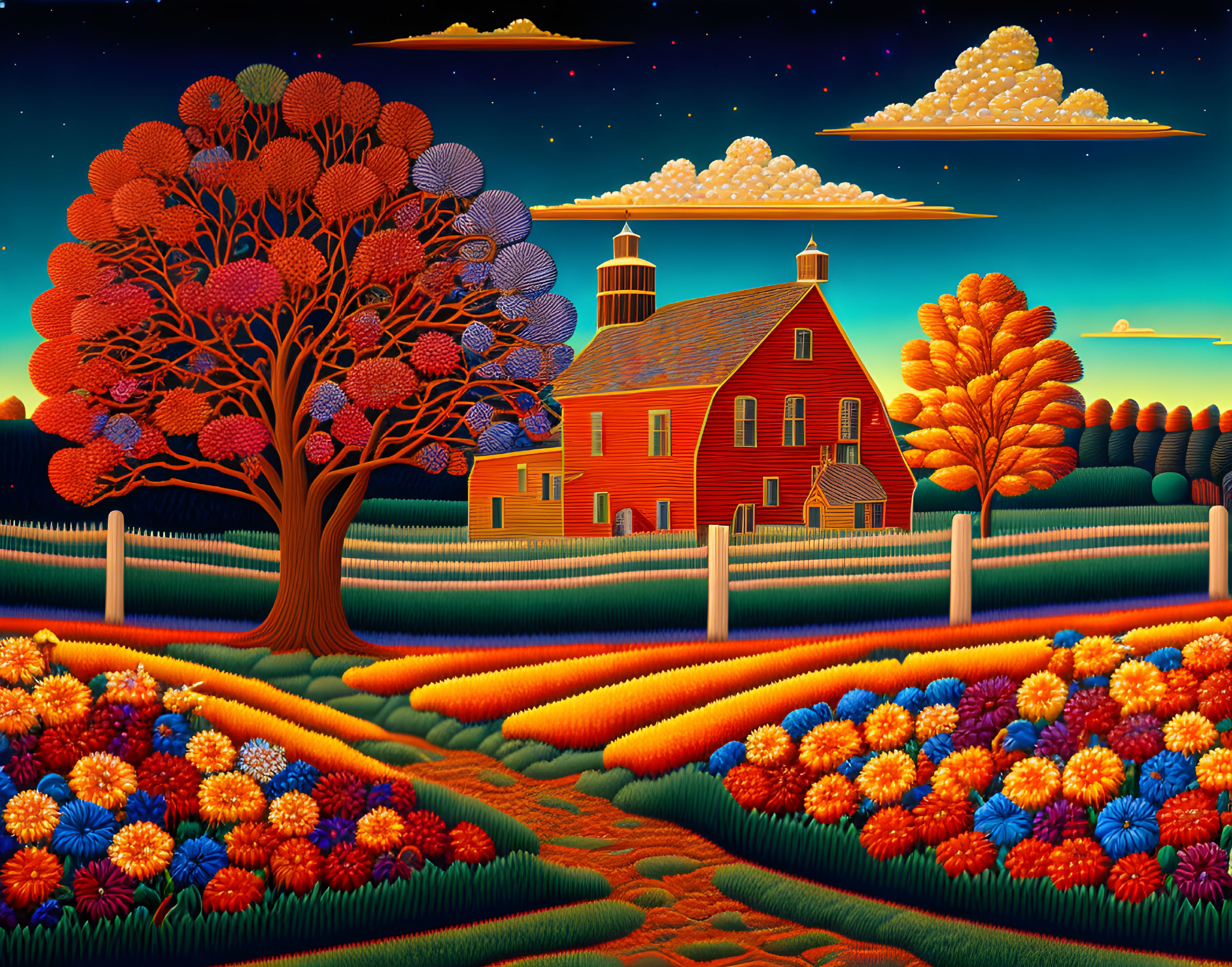 Colorful Stylized Landscape with Red Barn and Multicolored Tree