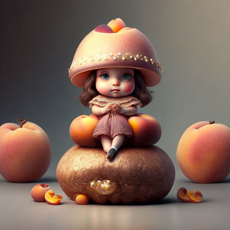 Whimsical doll with large eyes on ornate pumpkin surrounded by peaches