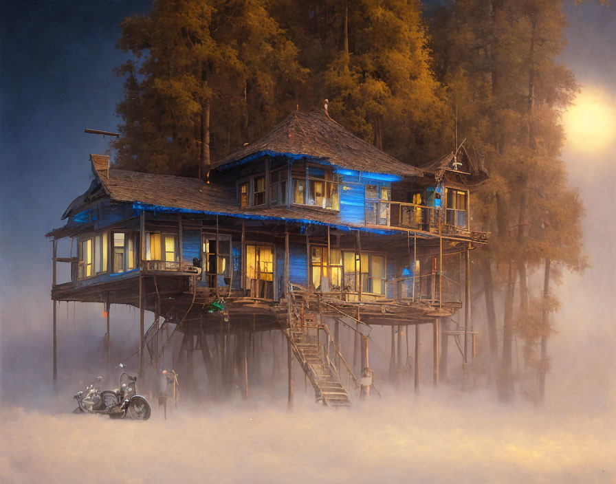 Illuminated wooden house on stilts in mist with vintage motorcycle and trees
