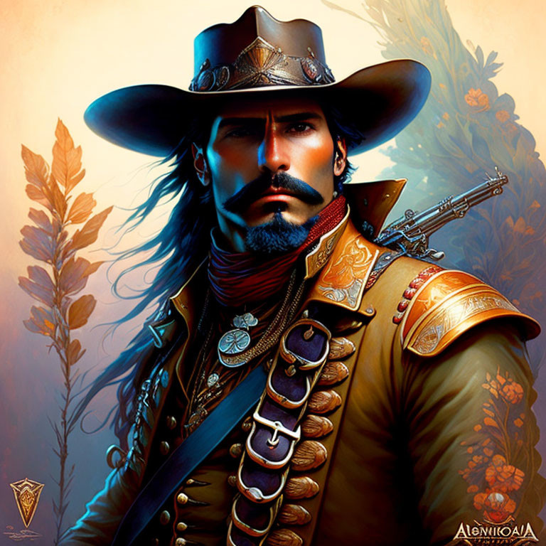 Detailed Stylized Illustration of Rugged Cowboy in Western Attire