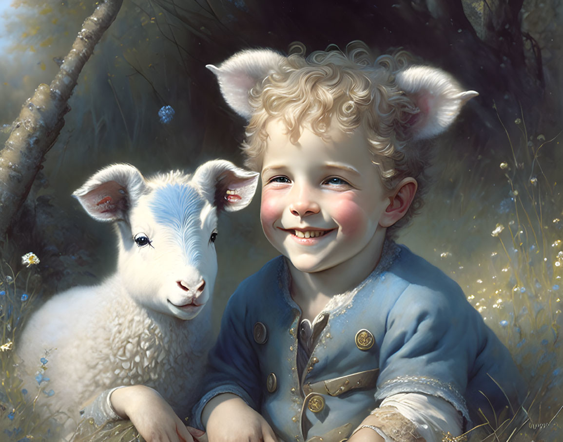 Curly Haired Boy in Blue Jacket with Lamb in Sunny Field