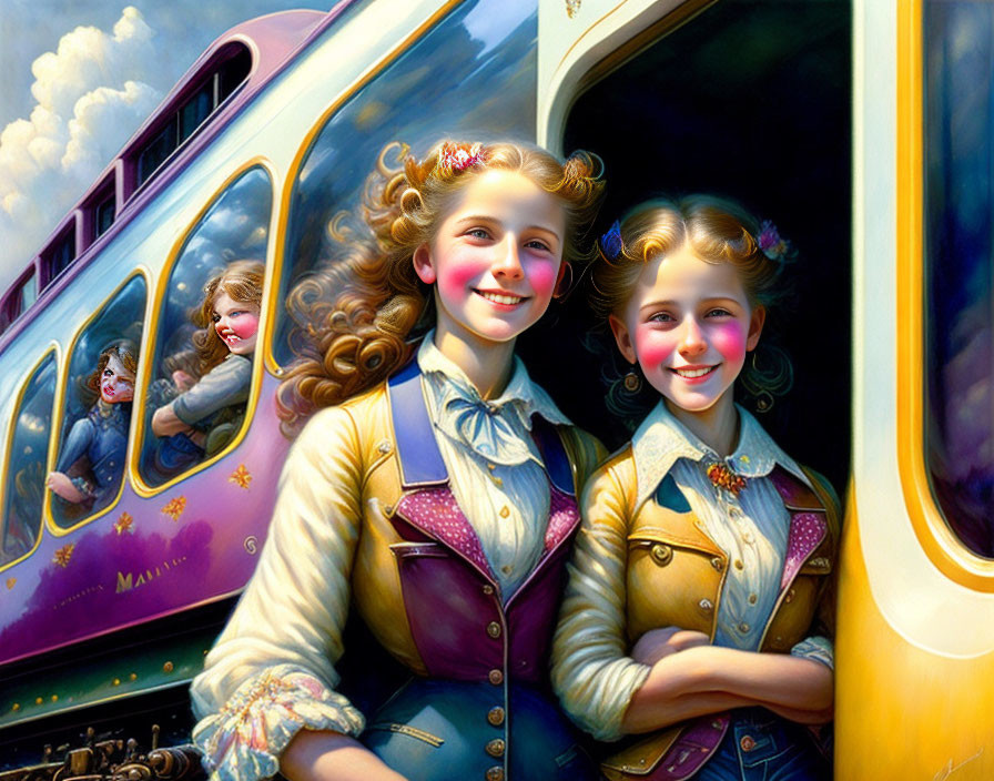 Vintage Attired Girls Smiling by Purple Train with Children Faces