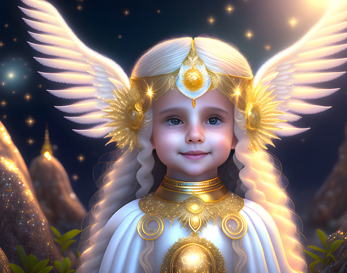 Digital artwork of child with glowing wings and halo in night sky