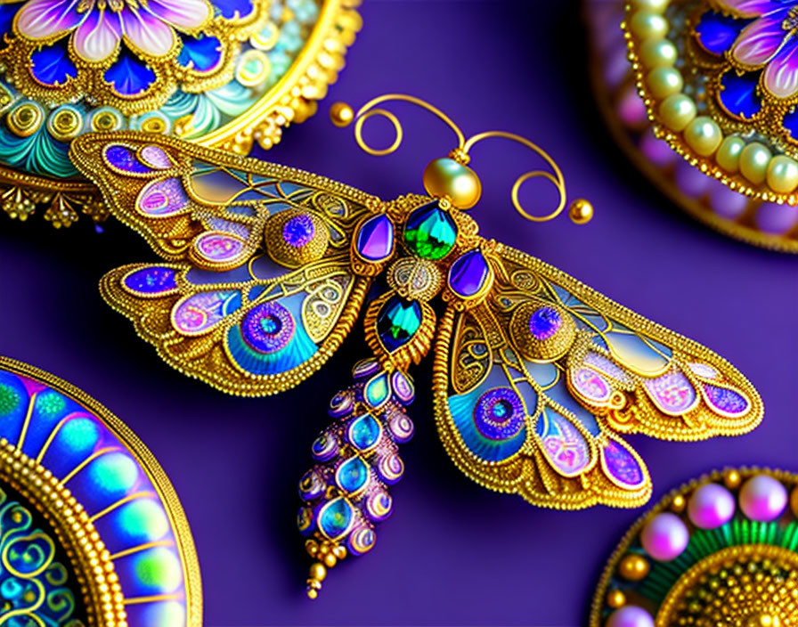 Colorful Jeweled Dragonfly Illustration on Purple Background with Ornamental Disks