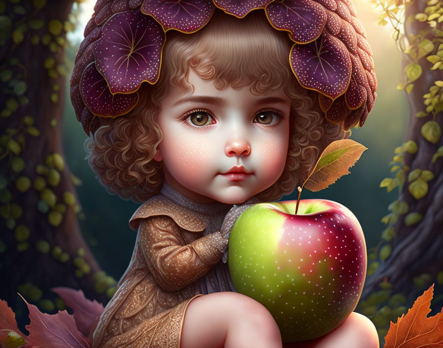 Child with big eyes holding shiny apple in autumn leaf hat against forest.