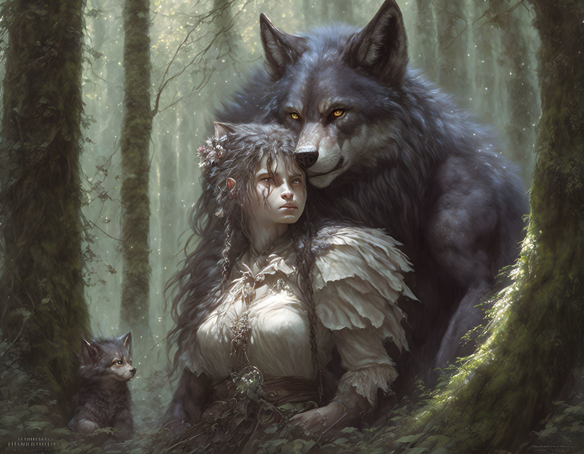 Woman and two wolves in ethereal forest scene