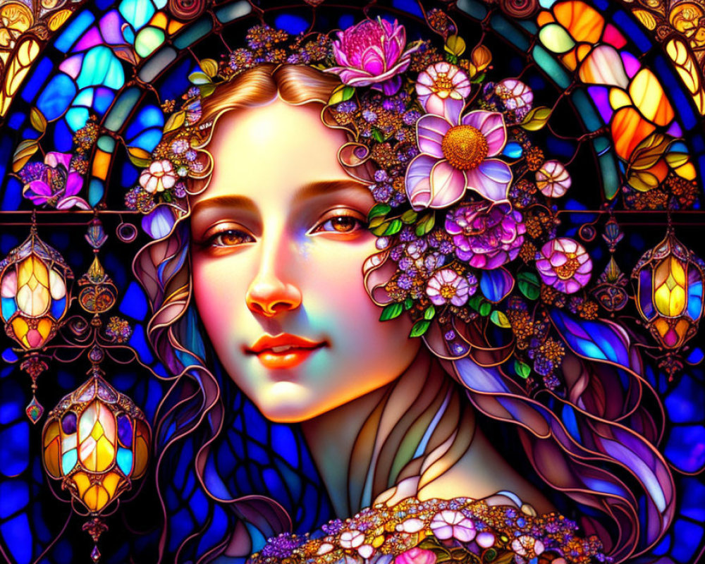Stylized portrait of a woman with floral adornments against colorful stained glass background