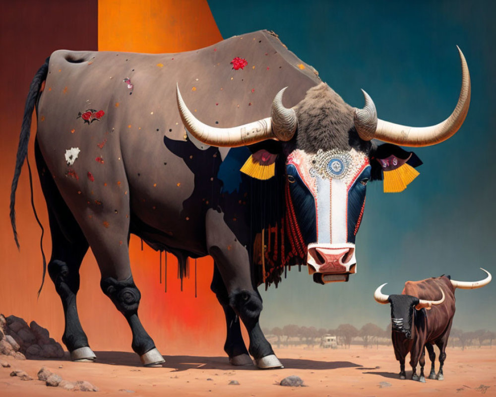Colorfully decorated large bull faces smaller bull in desert scene