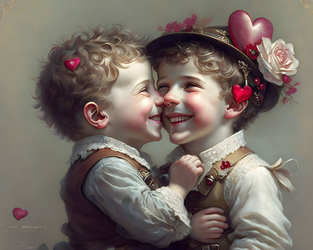 Illustrated children in vintage clothing share a joyful moment with floating red hearts.
