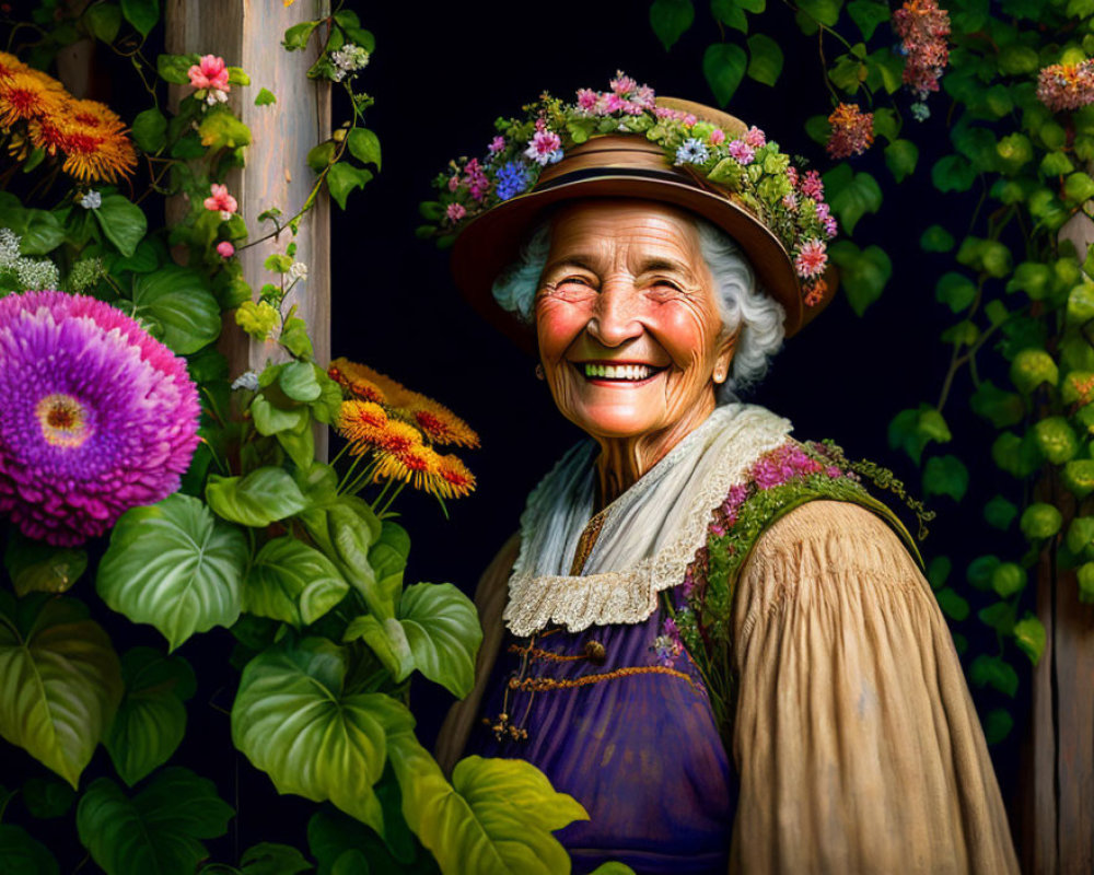 Elderly lady with warm smile in flower-adorned hat near blooming plants