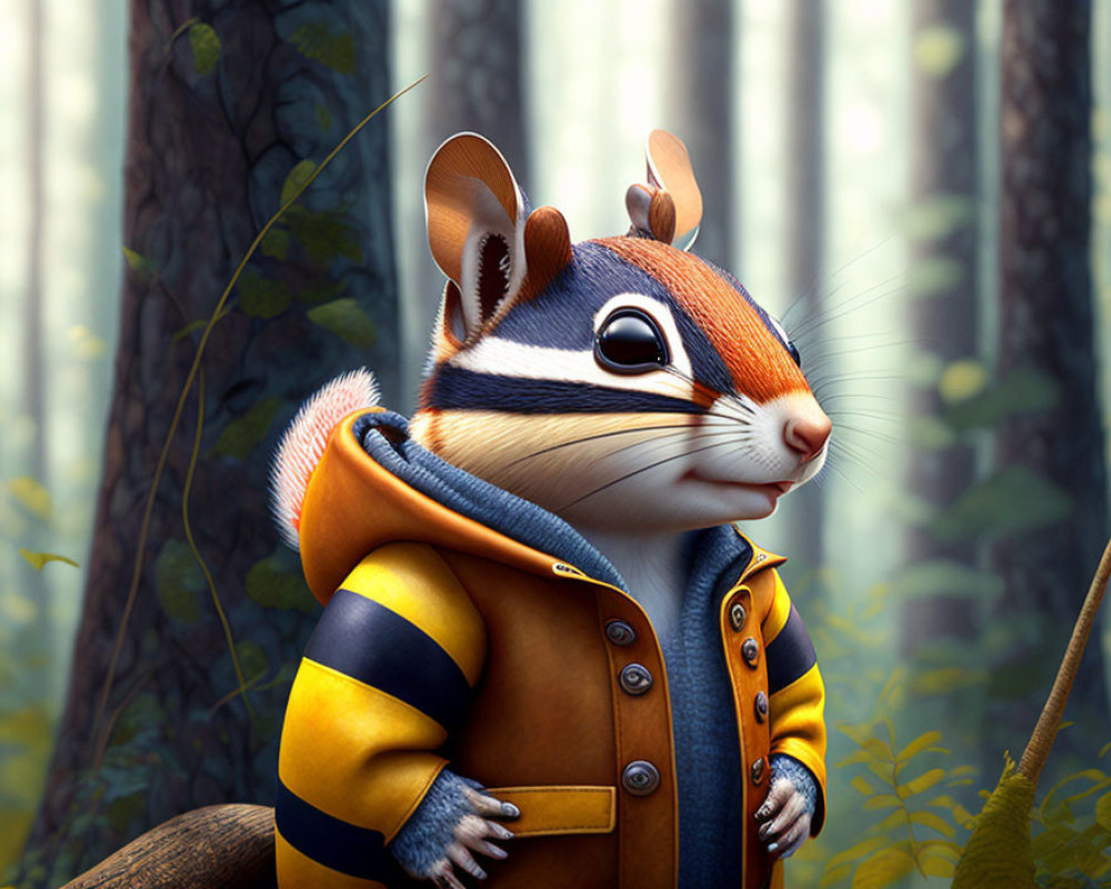 Yellow-jacketed animated chipmunk in misty forest