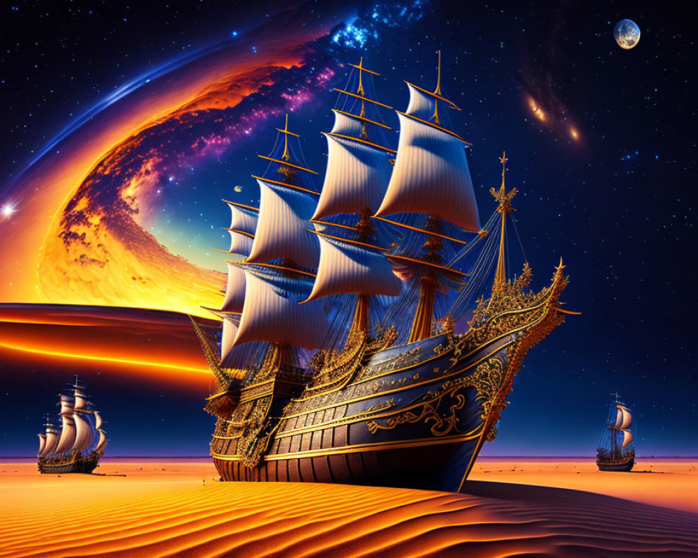 Surreal desert landscape with ornate sailing ships under large planet and moon