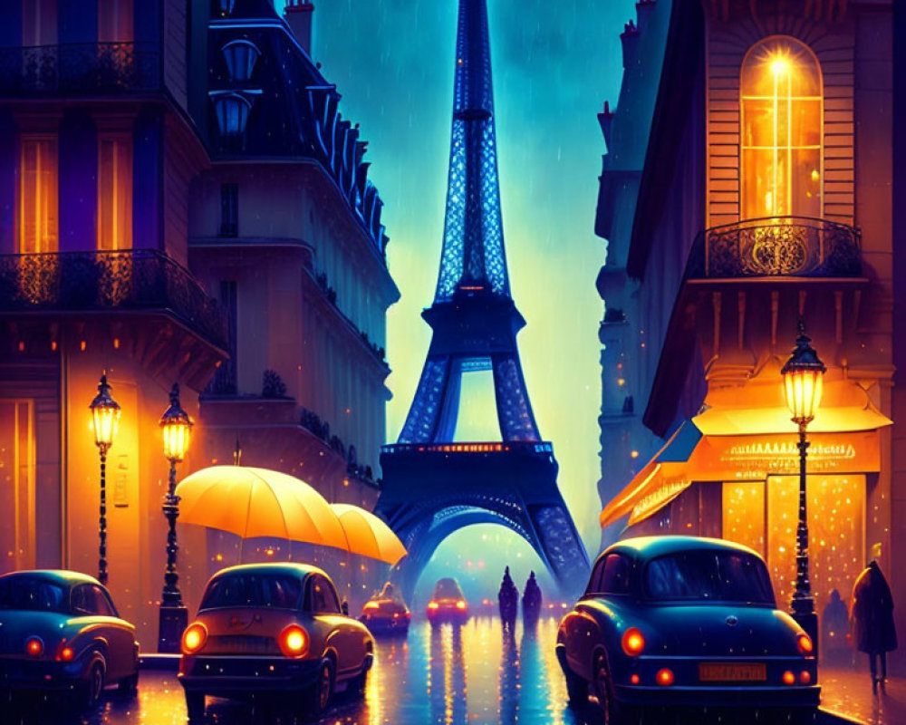 Rainy Parisian Street Night Scene with Eiffel Tower, Street Lamps, Cars, and