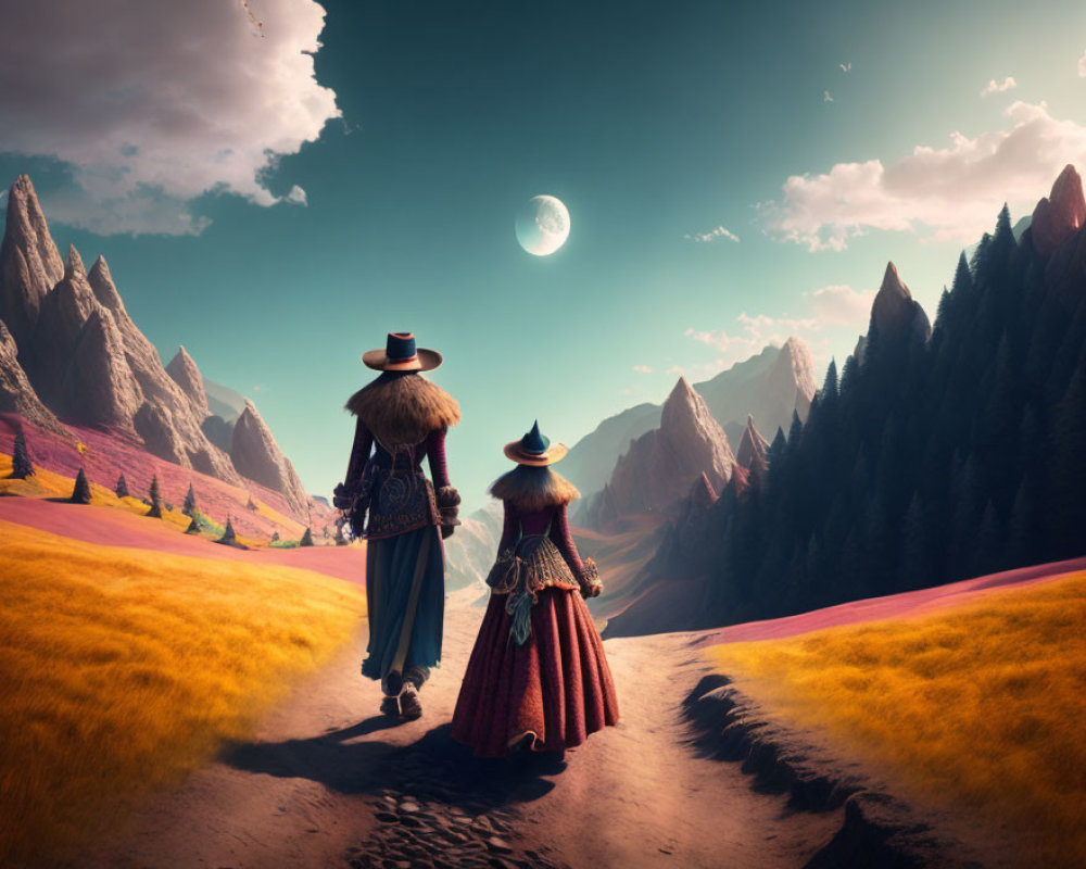 Two fantasy characters walking on path in vibrant landscape with pointed mountains and large moon.