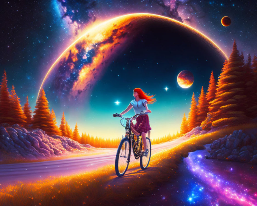 Red-haired woman with bicycle on cosmic path under starry sky