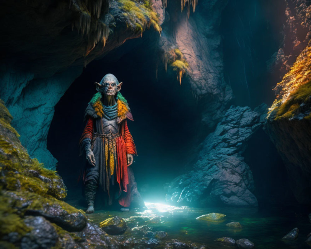 Elderly goblin-like creature in colorful attire in luminous cave