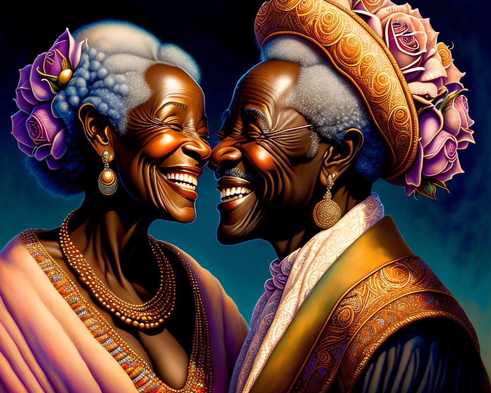 Elderly Women in Colorful Traditional Attire Smiling Happily