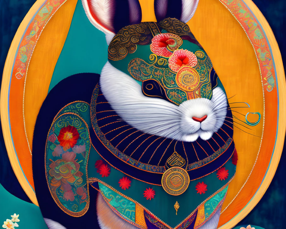 Colorful Rabbit Illustration with Eastern Motifs and Crescent Moon