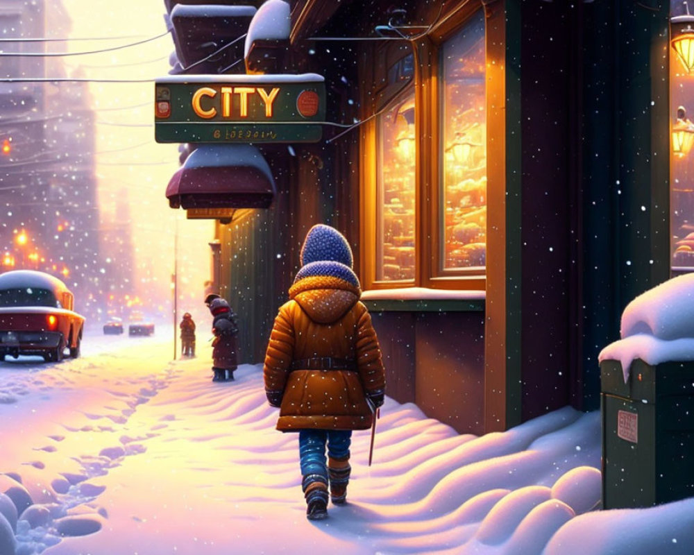 Child in warm coat and knit hat walking to cozy city diner on snow-covered street with falling snowfl