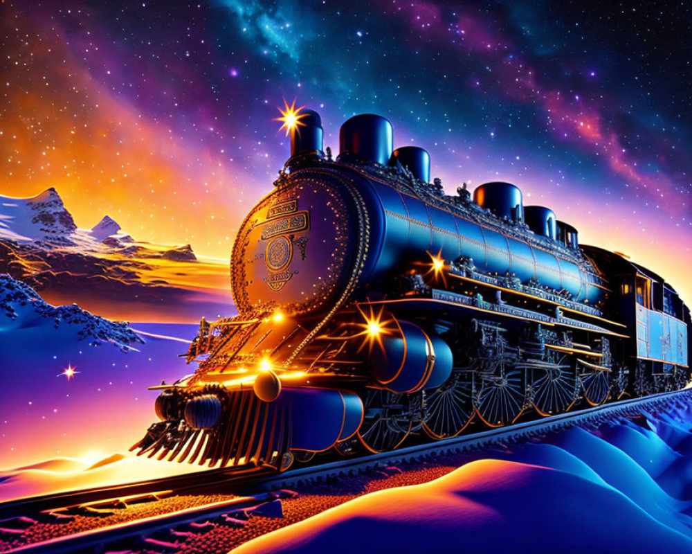 Colorful Steam Locomotive Night Scene with Snowy Mountains