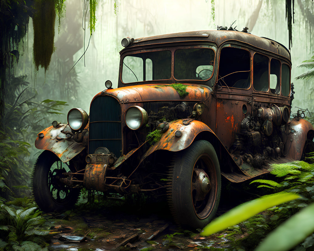 Abandoned rusty car in dense jungle with moss and fog