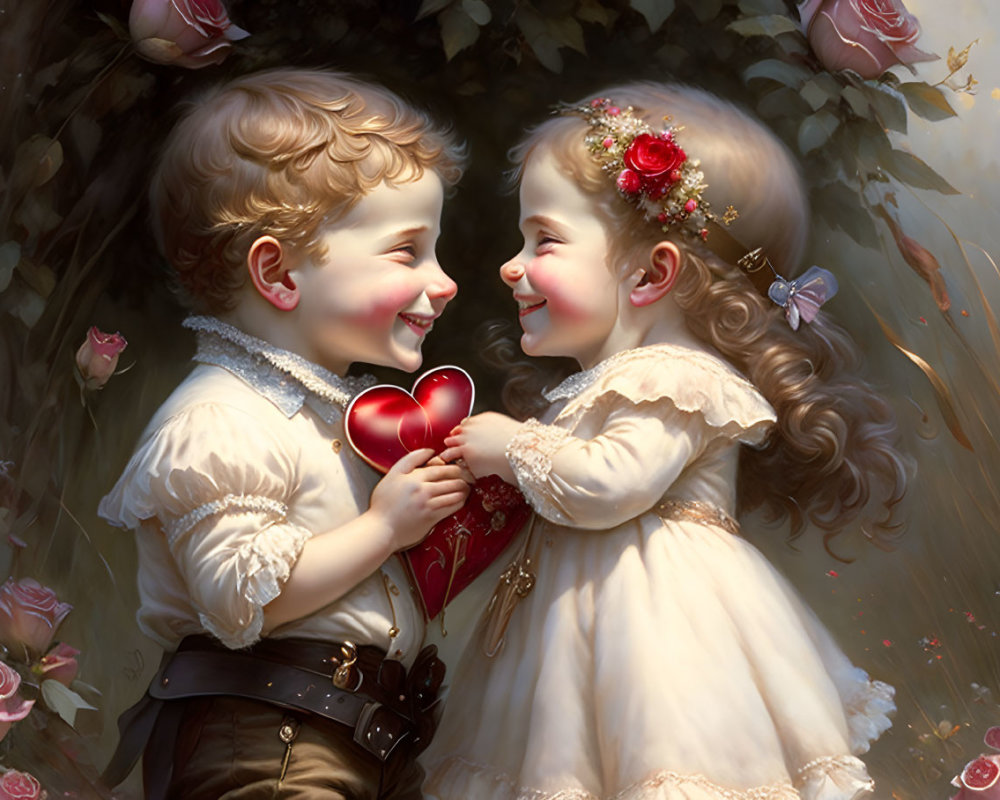 Vintage-inspired image of children exchanging heart-shaped object amidst roses
