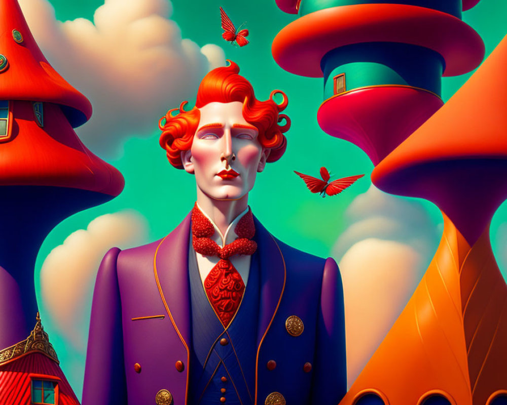 Surreal illustration of stylish figure in purple suit with red hair in whimsical landscape