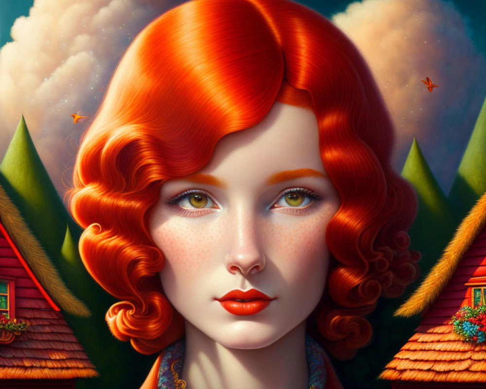 Digital Artwork: Woman with Red Hair and Green Eyes in Surreal Landscape