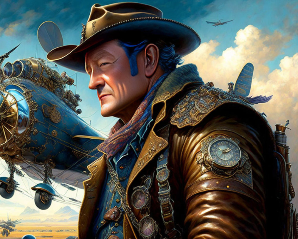 Steampunk-themed illustration featuring man in cowboy hat with airships and vintage aircraft.