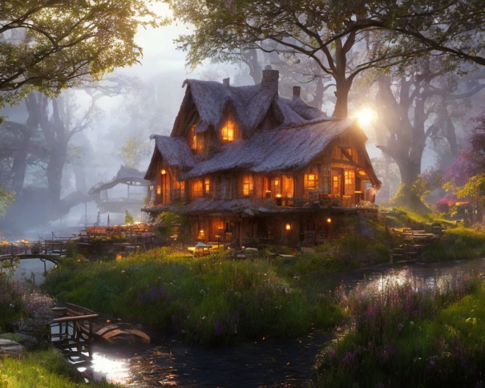 Serene Forest Glade Cottage with Thatched Roofs & Stream
