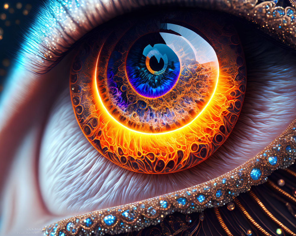 Detailed Fantasy Human Eye Art with Fiery and Ornate Elements