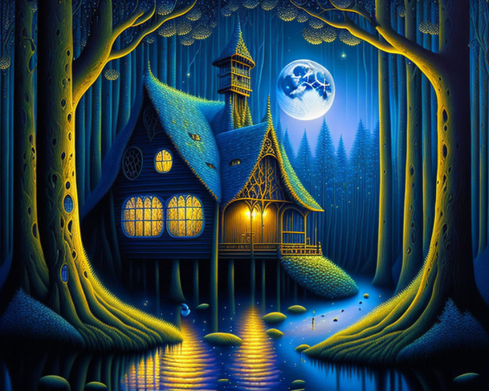 Luminous Blue Forest Illustration with Fantasy Treehouse