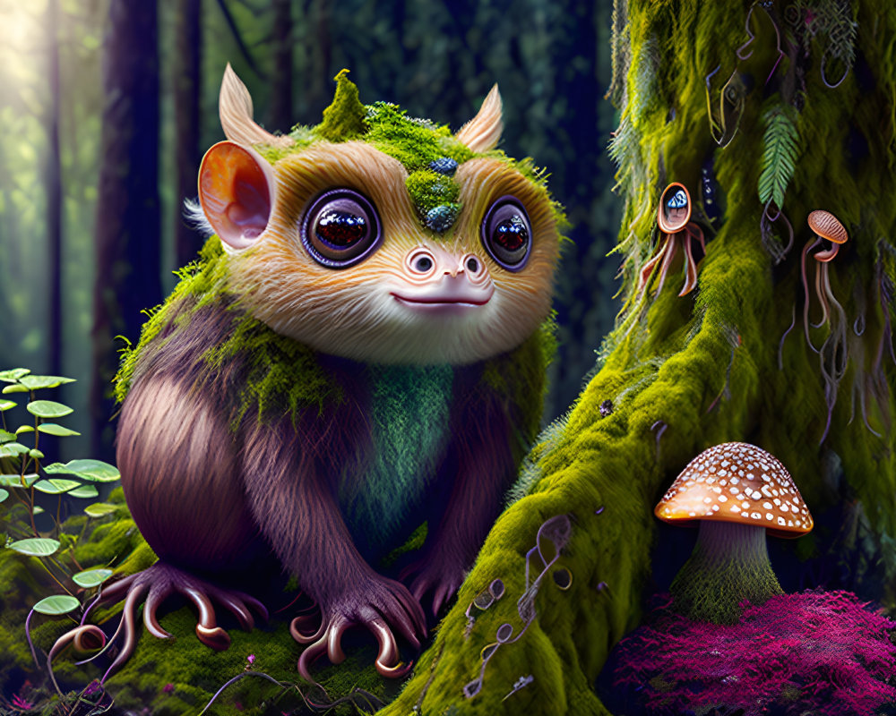 Whimsical creature with large eyes in lush forest with vibrant foliage