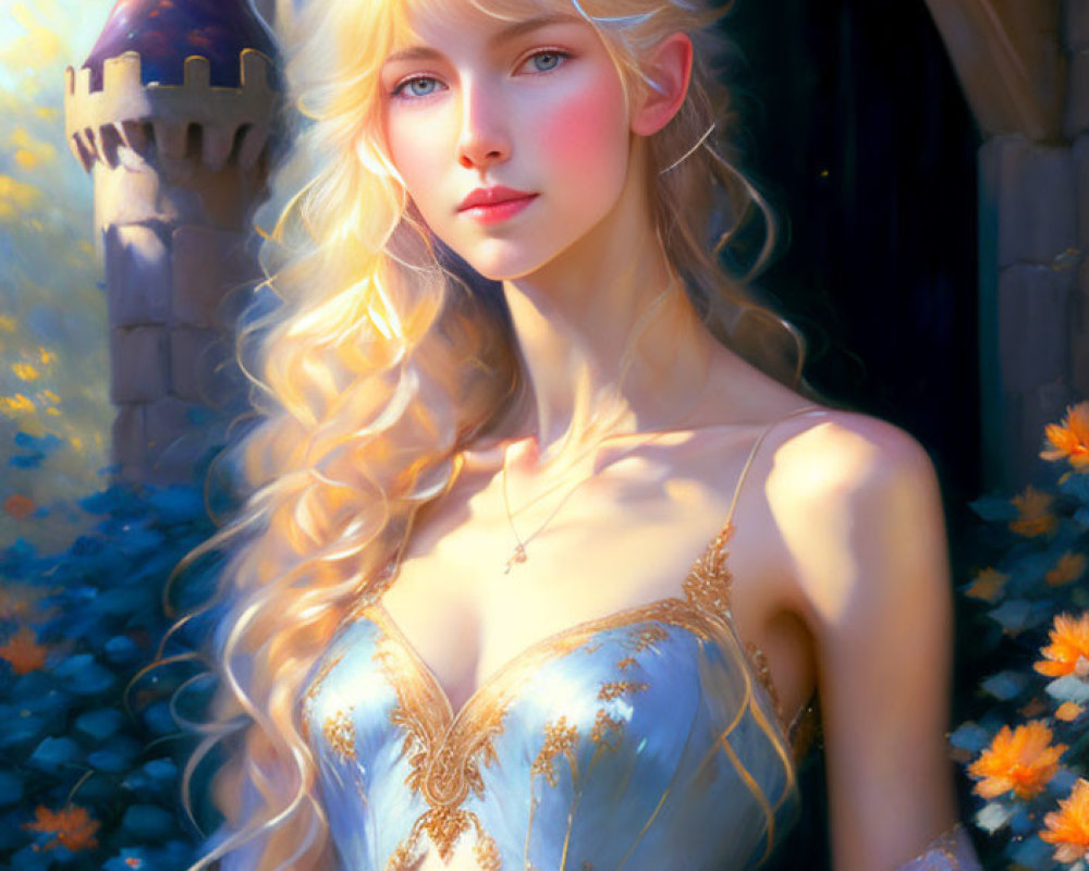 Blonde-haired woman in medieval fantasy digital painting