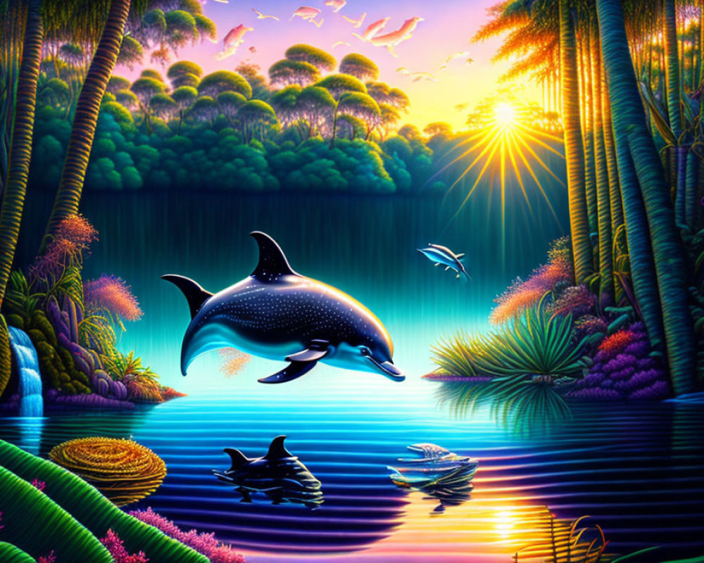 Colorful artwork of a jumping dolphin in sunset waters with lush flora.