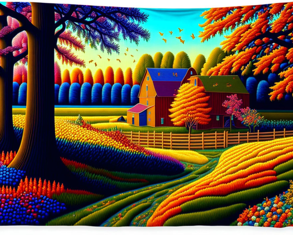 Colorful Landscape with Barn, Rolling Hills, Trees, and Birds