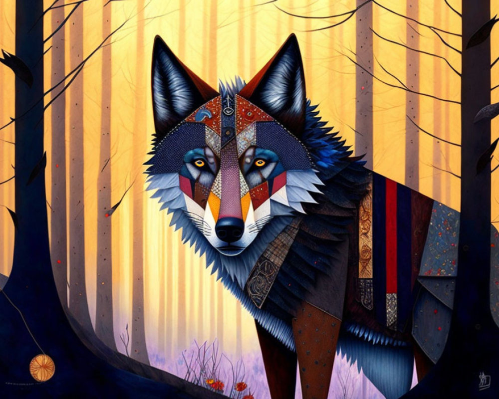 Colorful Wolf Artwork with Geometric Designs in Forest Setting